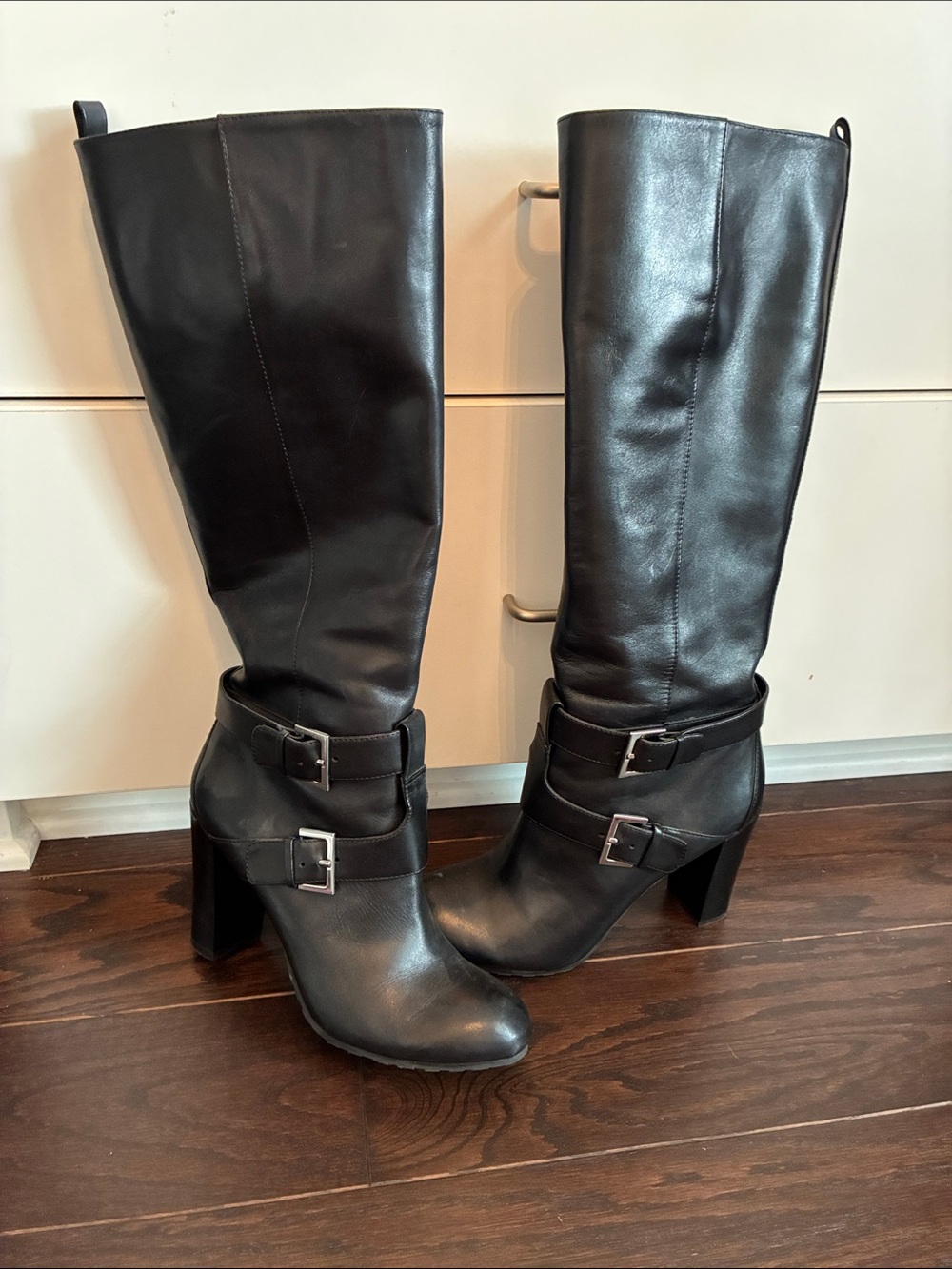 9 West Skylight  Black Leather Knee-High Heeled Boots